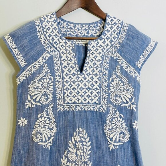 Roller Rabbit 100% Cotton Embroidered Resortwear Dress Cover Up Chambray Blue XS - Picture 3 of 6